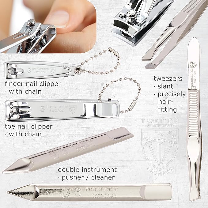 3 Swords Germany - brand quality 8 piece manicure pedicure grooming kit set synthetic leather case white - Made in Germany