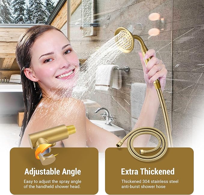 DASAN Brushed Gold Rain Shower System Complete Antique Shower Faucet Sets, Brushed Gold Shower Fixtures Combo with Pressure Balance Valve, Trim Kit, 9’’ Rainfall Overhead Shower & Handheld, AT209C-BTG
