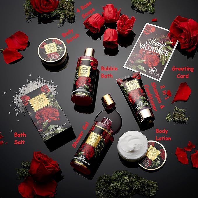 Valentines Day Gifts for Her - Exotic Rose Valentine Gift Basket for Women, Spa Bath and Body Gift Set, Anniversary Gifts for Women, Mom Birthday Gift with Body Scrub, Bubble Bath, Lotion & M