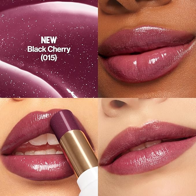 REVLON Super Lustrous Glass Shine Balm, Hydrating Tinted Lip Balm with Hyaluronic Acid, Aloe & Rose Quartz, Medium-Dark Plum Lipstick, NEW Shade, 015 Black Cherry, 0.11 oz