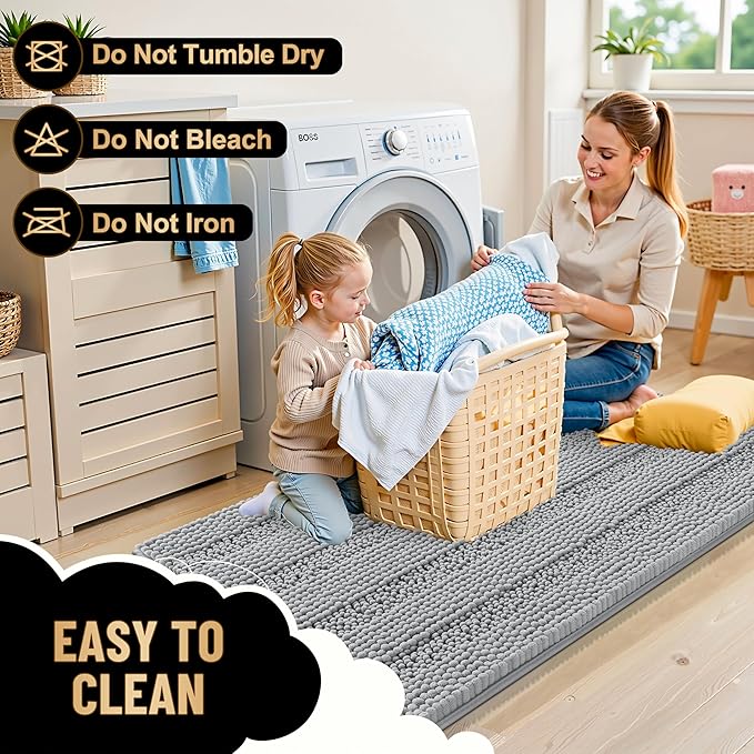 OLANLY Thick Bathroom Rugs 24x16, Extra Soft Absorbent Chenille Striped Bath Rugs, Rubber Backing, Machine Wash Dry, Bath Mats for Bathroom Floor, Tub and Shower, Home Decor Accessories, Light Grey