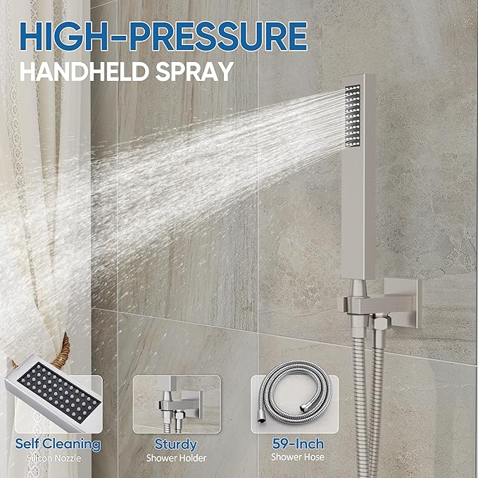 HoliSpa Shower System with Tub Spout, All Metal Tub Shower Faucet Set with 10" Rain Shower Head and Handheld Spray combo, Wall Mounted Tub Shower Systems with Valve and Trim Kit, Brushed Nickel
