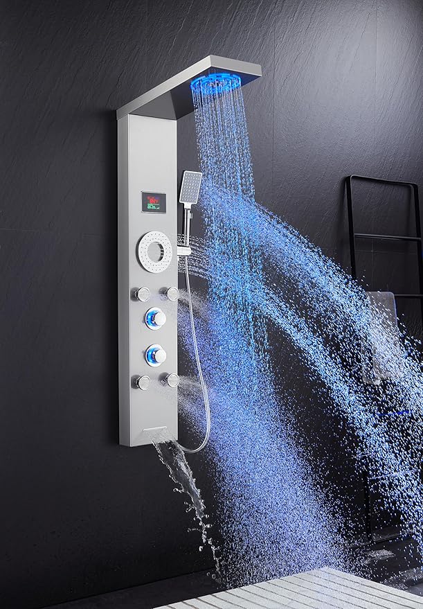 TSIBOMU LED Shower Panel Tower System, Stainless Steel Rainfall & Mist Shower Tower, 5 Body Jets, Handheld Shower, Tub Spout and Hydroelectricity Temperature Display, Brushed Nickel