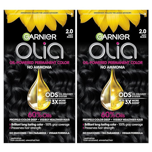 Garnier Hair Color Olia Ammonia-Free Brilliant Color Oil-Rich Permanent Hair Dye, 2.0 Soft Black, 2 Count (Packaging May Vary)