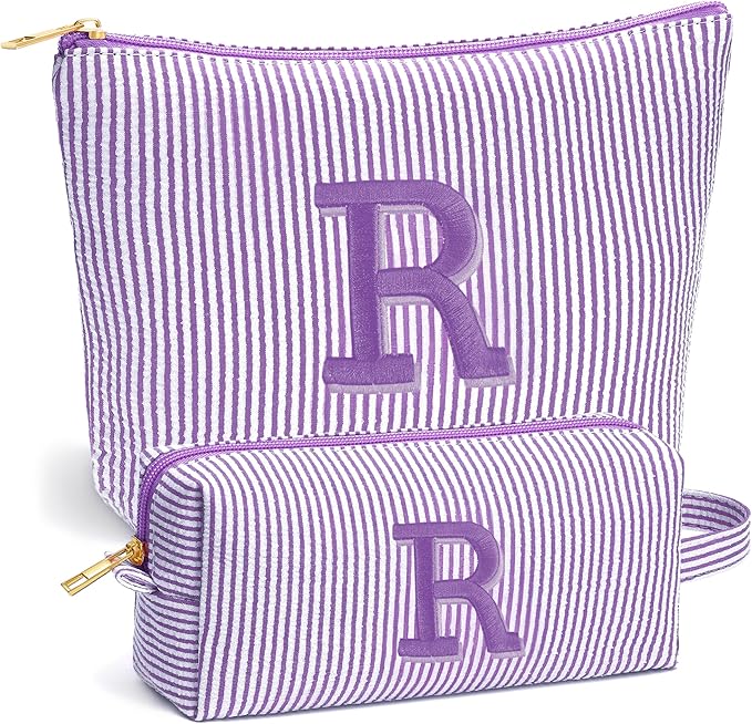 Fohufo Initial Makeup Bag Set for Women - Personalized Travel Pouch, Portable Cosmetic Bag Make up Kit Pouch | Travel Essentials Cute Makeup Bag Birthday Gifts for Women, Purple Letter R