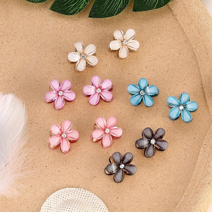 10Pcs Flower Hair Clips for Girls Small Hair Claw Clips Mini Flower Hair Clips with Crystal Cute Metal Claw Clips Sparkling Hair Barrettes Nonslip Side Clip Hair Accessories for Women Blue