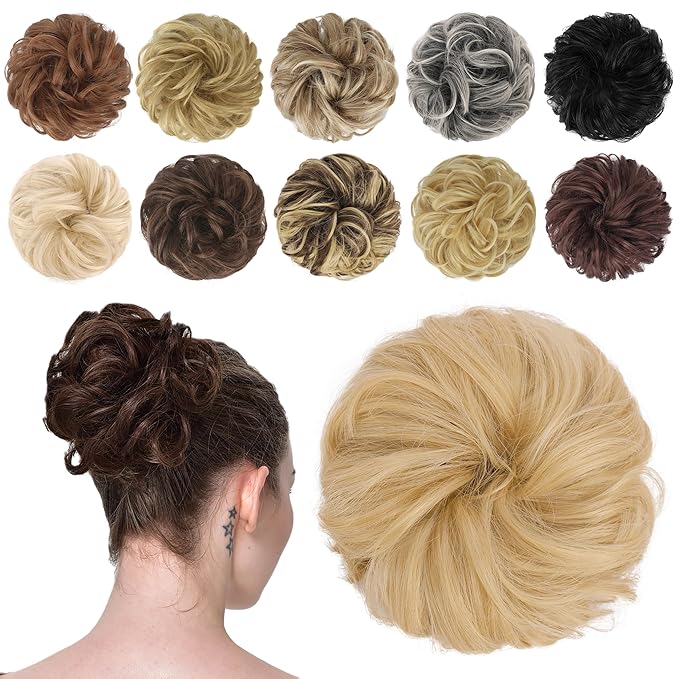 FESHFEN Messy Bun Hair Piece - Wavy Synthetic Chignon Scrunchies for Instant Volume, Elastic Bun Ponytail Hair Extensions Thick Hairpieces for Women, Champagne Blonde 1.50 oz