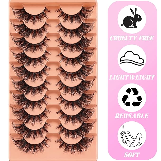 Veleasha Cat Eye Lashes Fluffy Crisscross Doll Eyelashes Wispy False Eyelashes Black Cotton Band 3D Effect Lashes 8-21MM 10 Pairs Pack (6D32)
