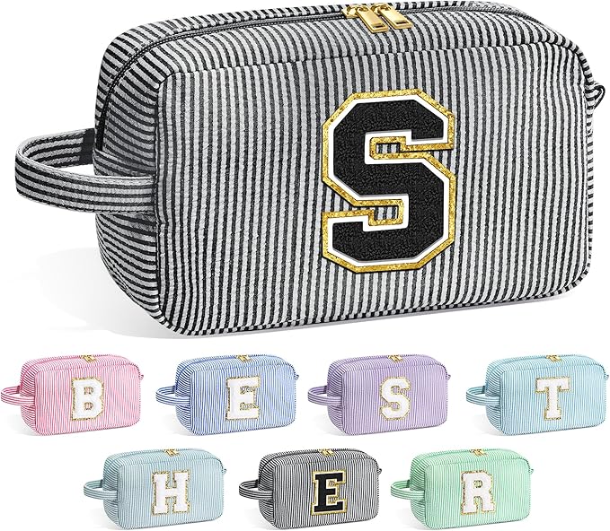 YOOLIFE Birthday Gifts for 6 7 8 9 10 11 12 13 14 15 Year Old Teen Girl - Initial Makeup Bag Letter Toiletry Pouch Cosmetic Case, Personalized Teen Girl Gifts Trendy Stuff Party Favor, Black S