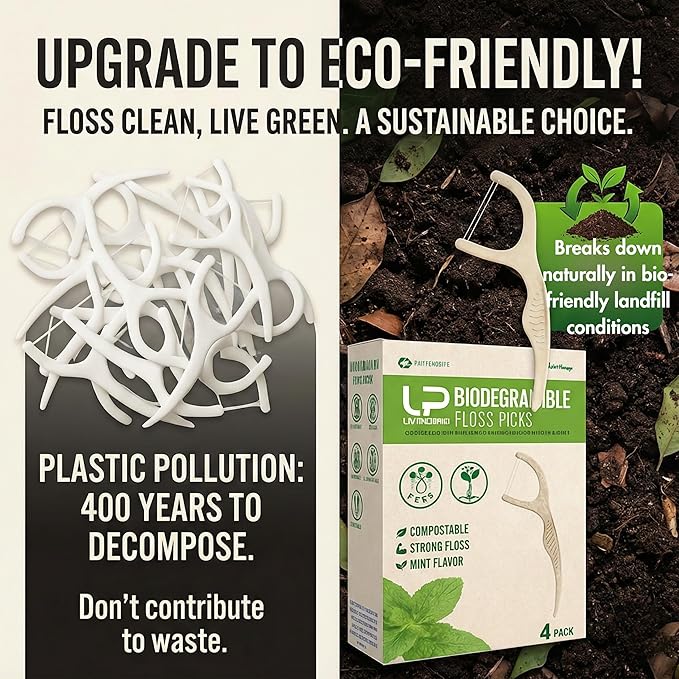 Twin Line Biodegradable Floss Picks (220 Count) - Compostable Tooth Flossers Minty Fresh-Double Thread 2X The Clean | Bonus Travel Case | Thing Thread Glide Easy & Shred-Resistant