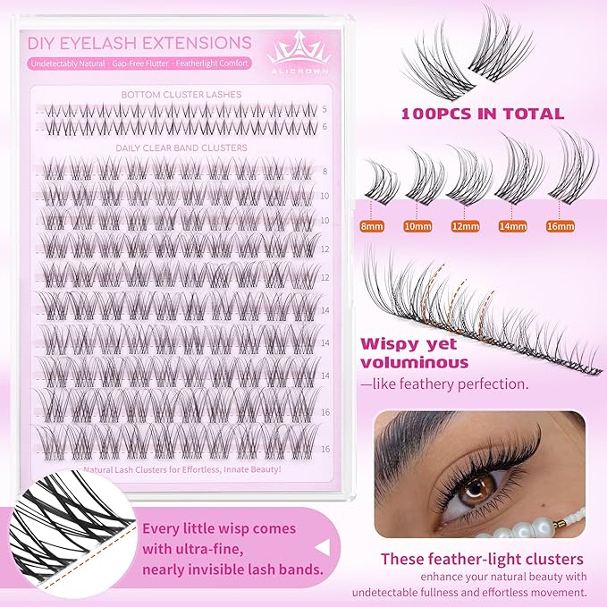 Natural Lash Clusters Wispy Lash Extensions with Bottom Lashes Clean Girl Makeup C Curly Eyelash Clusters with Invisible Band DIY Individual Lashes 132Pcs No Makeup Look