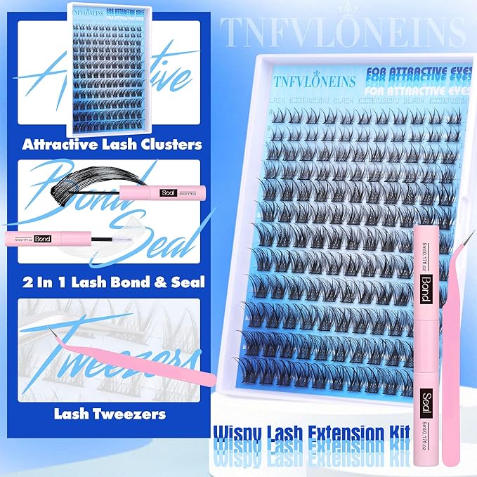 Wispy Lash Extension Kit Natural Lash Clusters Kit D Curl Eyelash Extension Kit DIY Cluster Eyelash Extensions Kit 8-16MM Individual Lashes Clusters with Bond and Seal and Tweezers by TNFVLONEINS