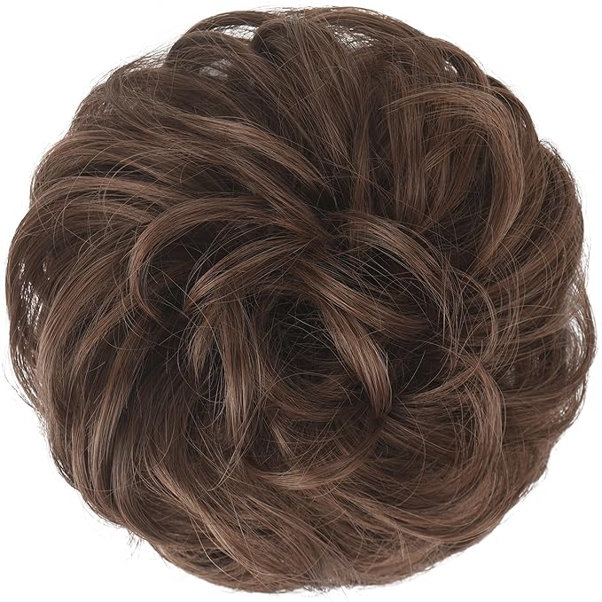 FESHFEN Large Messy Bun Hair Piece - Wavy Synthetic Chignon Scrunchies Elastic Ponytail Hair Extensions Thick Hairpieces for Women, Brunette Brown 1.94oz