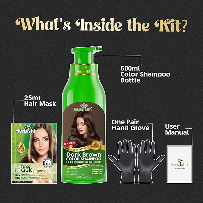 Herbishh Hair Color Shampoo for Gray Hair – Magic Hair Dye Shampoo – Colors Hair in Minutes–Long Lasting–500 Ml–3-In-1 Hair Color for Women & Men –Ammonia-Free (Dark Brown)