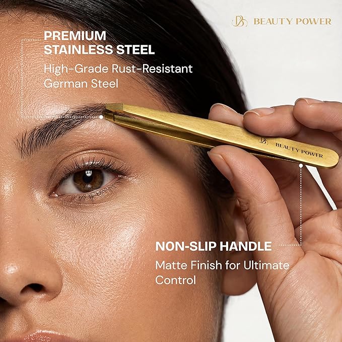 Ultra-Precision Professional Slant Tweezers for Women Facial Hair - German Stainless Steel, Lightweight Black Tweezers for Women & Men, Ideal for Eyebrow & Facial Grooming (Matte Gold)