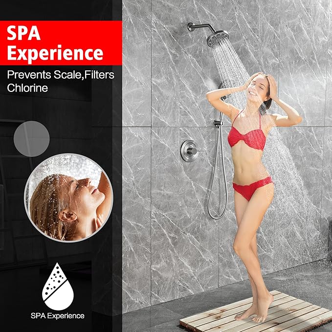 SUMERAIN Brushed Nickel Rainfall Shower System with 6-Spray Handheld Filtered Shower Head, Shower Faucet Complete with Rough in Valve
