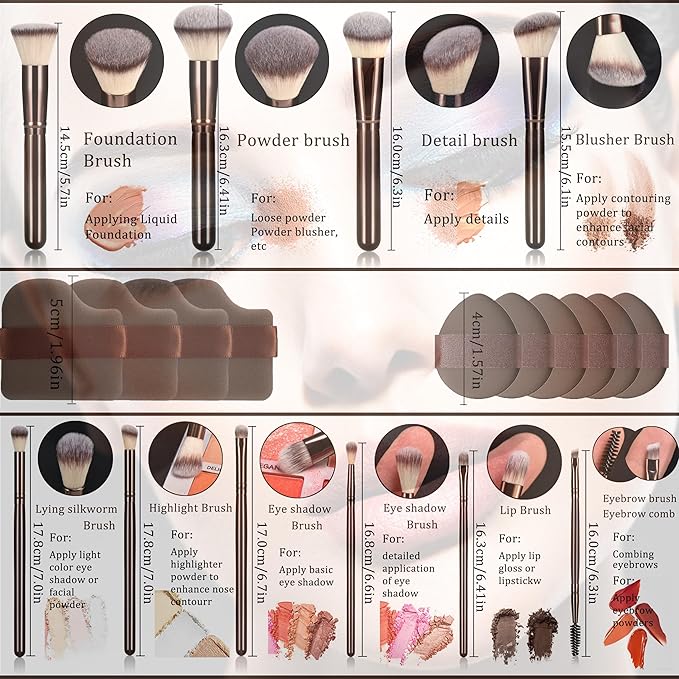 YJ-Anyue 10 Piece Black brown Makeup Brushes and 10 Piece Makeup Sponge – Wooden Handle,with Soft Synthetic Bristles,|Professional Makeup Brushes set for Women & Girls|
