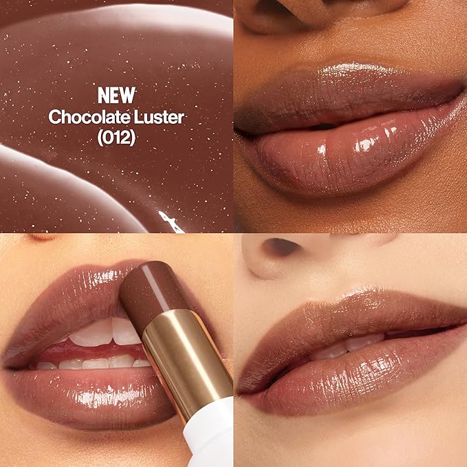 REVLON Super Lustrous Glass Shine Balm, Hydrating Tinted Lip Balm with Hyaluronic Acid, Aloe & Rose Quartz, Medium Brown Lipstick, NEW Shade, 012 Chocolate Luster, 0.11 oz