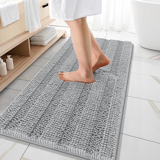 OLANLY Thick Bathroom Rugs 47x20, Extra Soft Absorbent Chenille Striped Bath Rugs, Rubber Backing, Machine Wash Dry, Bath Mats for Bathroom Floor, Tub and Shower, Home Decor Accessories, Light Grey