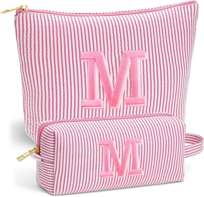 Fohufo Travel Makeup Bag for Girls - Personalized Initial Pink Makeup Bag, Teen Girl Gifts Trendy Stuff, 6 7 8 9 10 11 12 Year Girl Birthday Gift, Christmas Gift for Girls Travel Essentials, Letter M