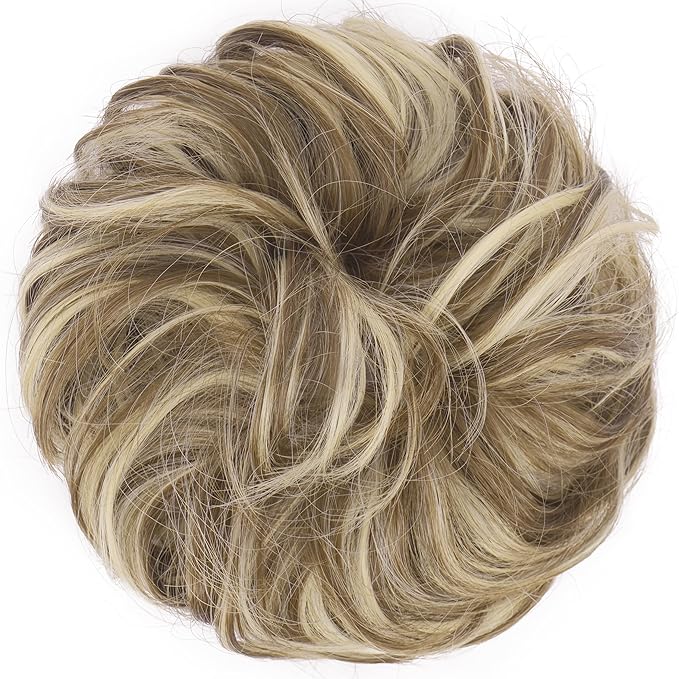 FESHFEN Messy Bun Hair Piece - Wavy Synthetic Chignon Scrunchies for Instant Volume, Elastic Bun Ponytail Hair Extensions Thick Hairpieces for Women, Brunette & Blonde 1.50 oz