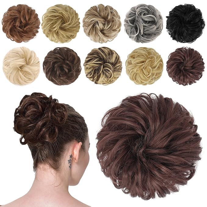 FESHFEN Messy Bun Hair Piece - Wavy Synthetic Chignon Scrunchies for Instant Volume, Elastic Bun Ponytail Hair Extensions Thick Hairpieces for Women, Dark Auburn 1.50 oz