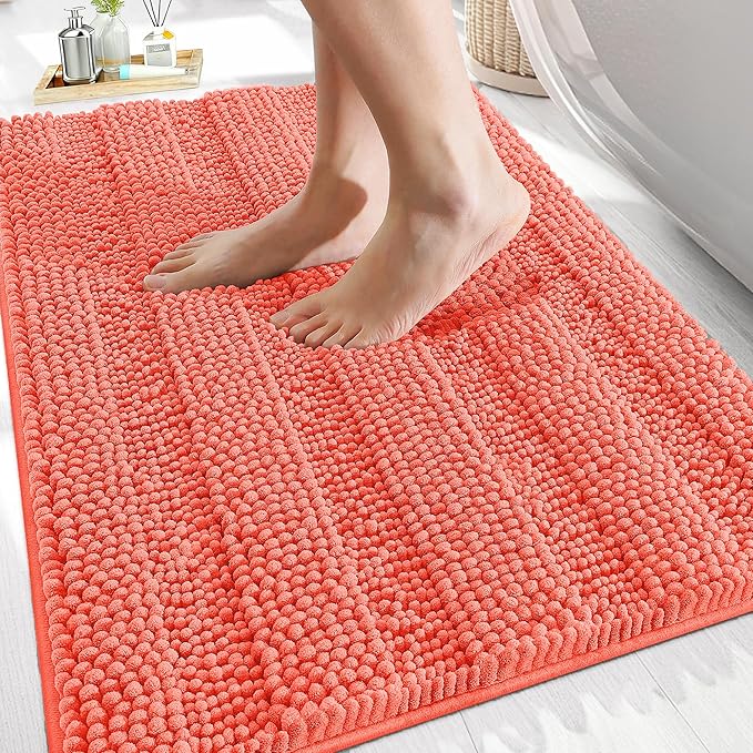 OLANLY Thick Bathroom Rugs 30x20, Extra Soft Absorbent Chenille Striped Bath Rugs, Rubber Backing, Machine Wash Dry, Bath Mats for Bathroom Floor, Tub and Shower, Home Decor Accessories, Coral