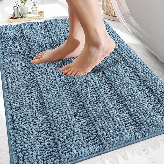 OLANLY Thick Bathroom Rugs 30x20, Extra Soft Absorbent Chenille Striped Bath Rugs, Rubber Backing, Machine Wash Dry, Bath Mats for Bathroom Floor, Tub and Shower, Home Decor Accessories, Airy Blue