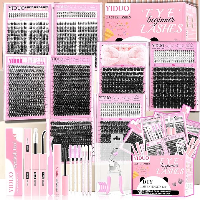 8 Styles Mix Lashes Clusters Kit 4 Box Cluster Lash Book Kit with Bond&Seal 1888Pcs 100D/200D/300D Volume Manga Eyelash Extension with Spikys/Bottom lash Kit for Beginners DIY at Home Easily