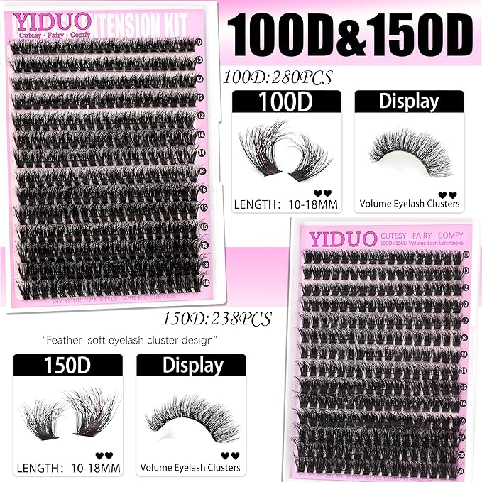 4 Styles Lash Clusters Kit 60D+80D+100D+150D Volume Clusters Lashes Extensions Kit with 2 Bond and Seal 10-18mm Wispy D Curly Full DIY Individual Eyelash Extensions Kit DIY at Home Easily