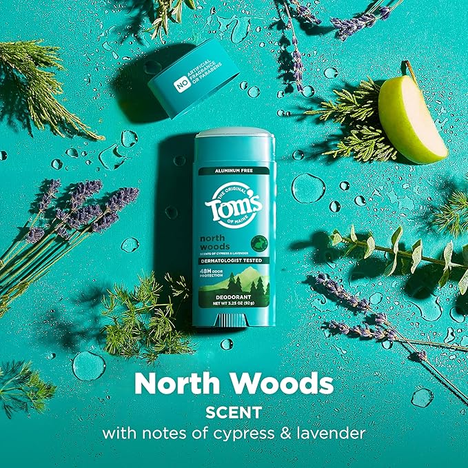 Tom’s of Maine North Woods Natural Deodorant for Men and Women, Aluminum Free, No Artificial Fragrances, Dyes, or Preservatives, Baking Soda Free, 48-Hour Odor Protection, 3.25 oz (2 Pack)