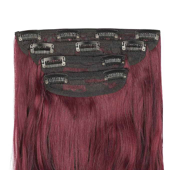 REECHO 24" Long Thick Curly Wavy Clip in on Hair Extensions 4 Pieces Set Burgundy