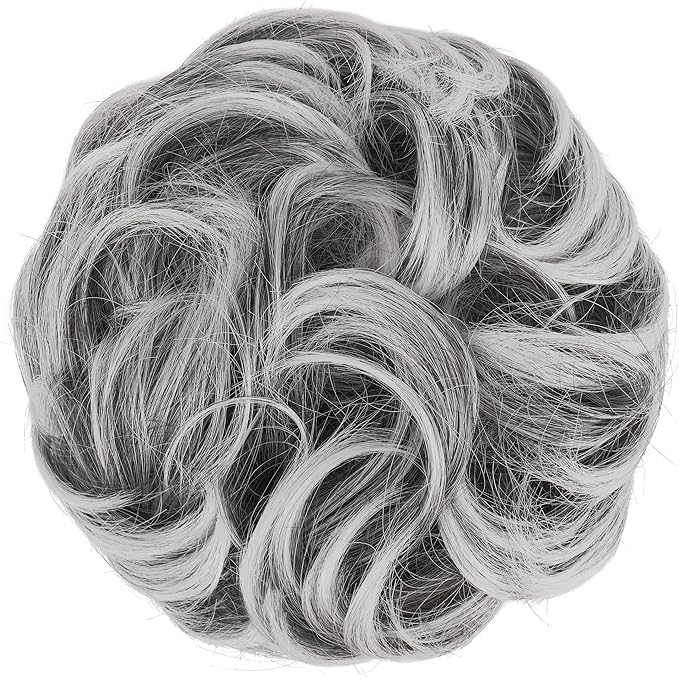 FESHFEN Messy Bun Hair Piece - Wavy Synthetic Chignon Scrunchies for Instant Volume, Elastic Bun Ponytail Hair Extensions Thick Hairpieces for Women, Black with White Tips 1.50 oz